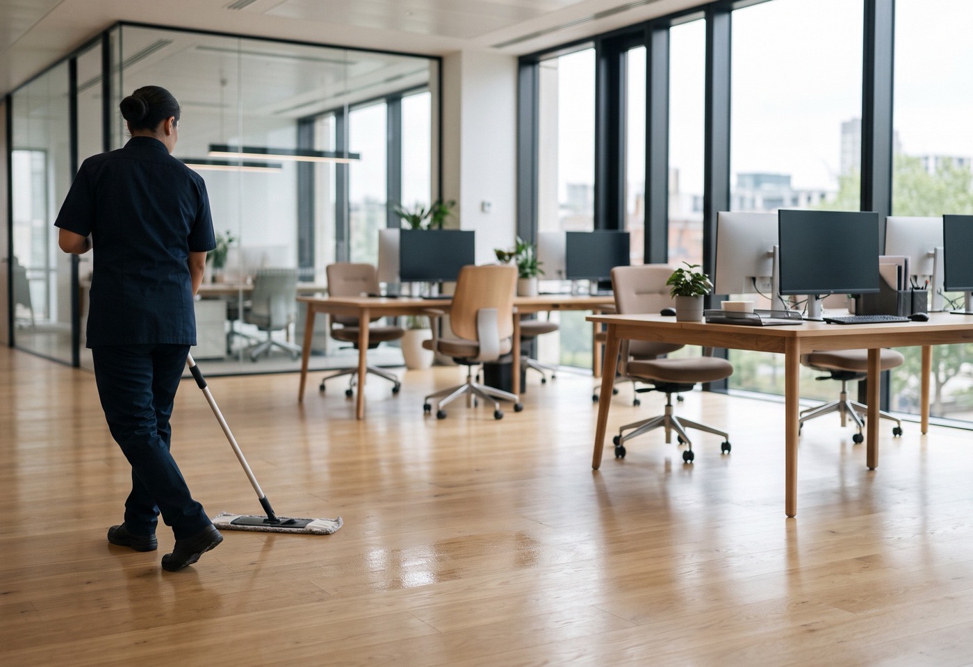 Contract cleaner mopping an office floor in High Wycombe